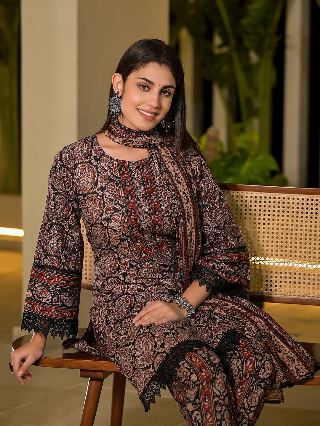 Black Pure Cotton Paisley Print Pakistani Style Kurta And Trousers With Dupatta Set-Yufta Store-1011SKDBKS