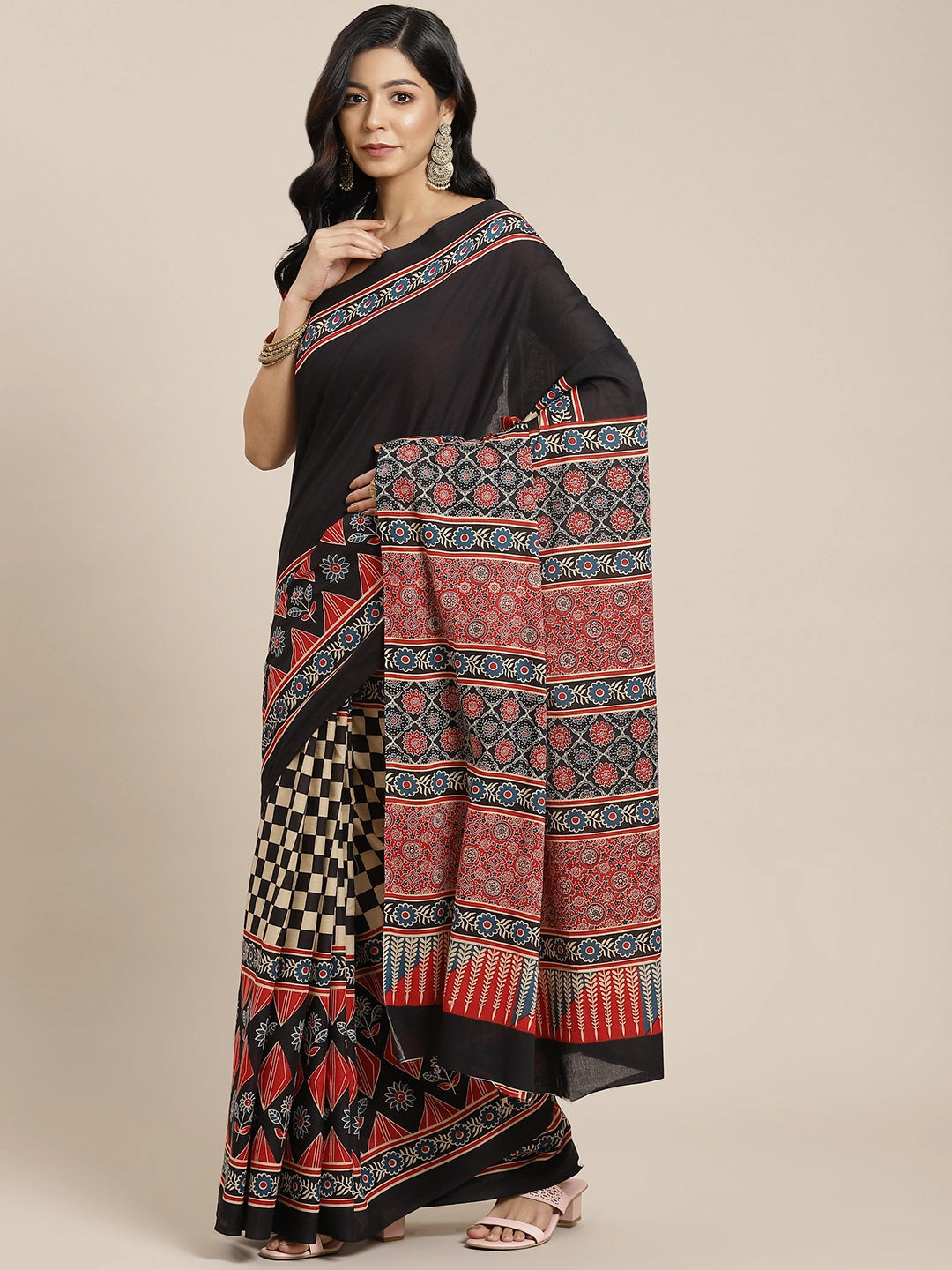 Black & Red Ethnic Motifs Saree-Yufta Store-6017SARDB