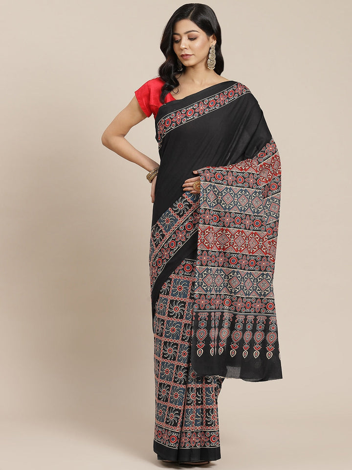 Black & Red Ethnic Motifs Saree-Yufta Store-6023SARBK