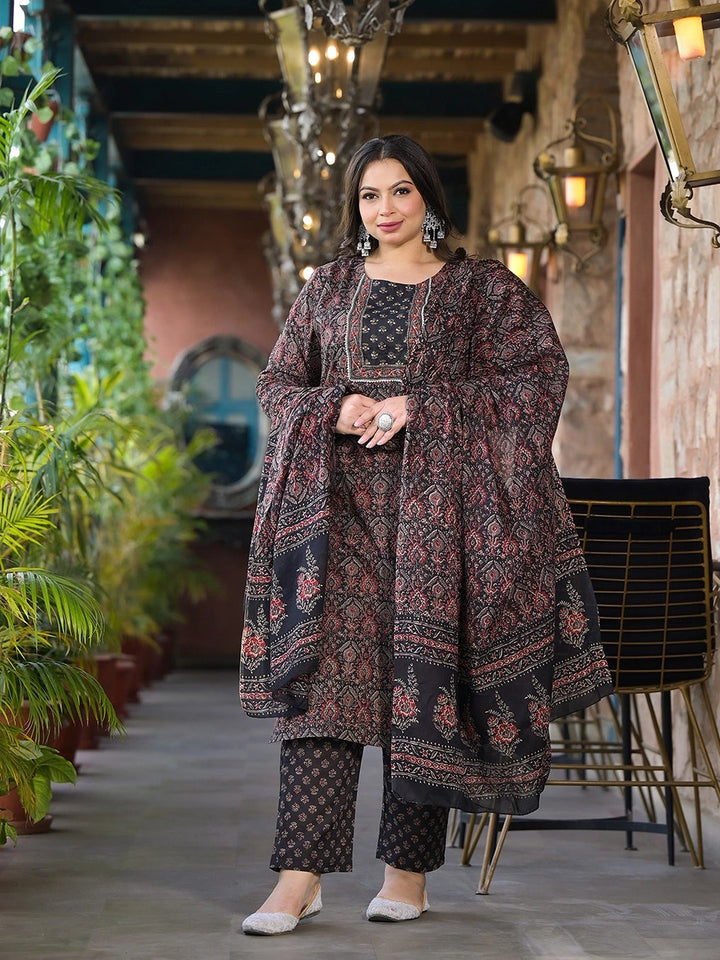 Black & Red Floral Print Straight Plus size Kurta Trouser And Dupatta Set-Yufta Store-1182PSKDMLT3XL