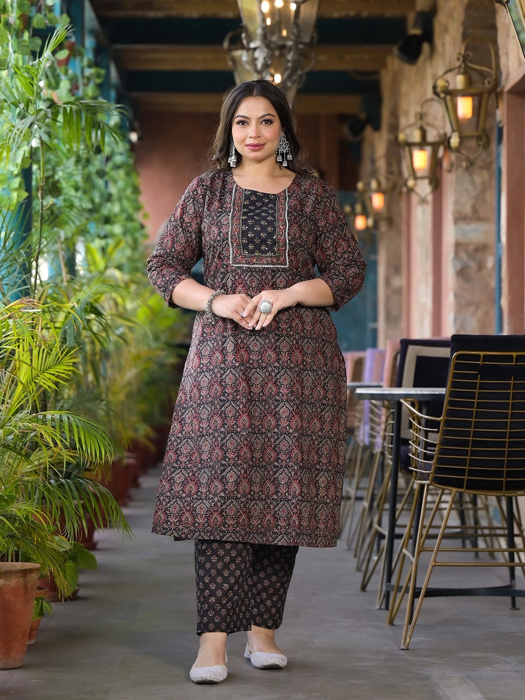 Black & Red Floral Print Straight Plus size Kurta Trouser And Dupatta Set-Yufta Store-1182PSKDMLT3XL