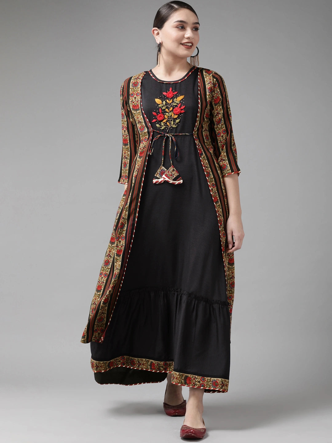 Black & Red Solid Embroidered Dress-Yufta Store-4608DRSBKS