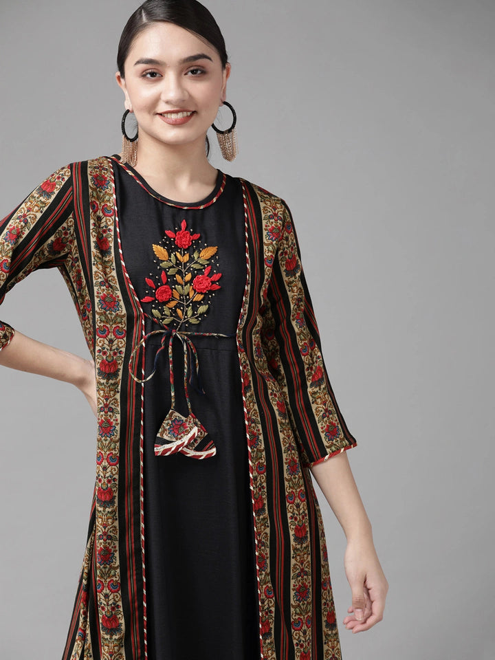 Black & Red Solid Embroidered Dress-Yufta Store-4608DRSBKS