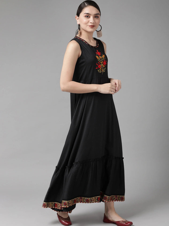 Black & Red Solid Embroidered Dress-Yufta Store-4608DRSBKS