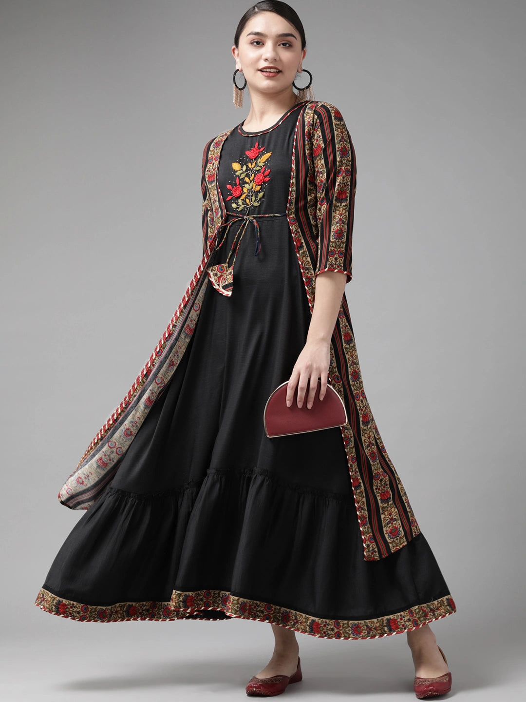 Black & Red Solid Embroidered Dress-Yufta Store-4608DRSBKS