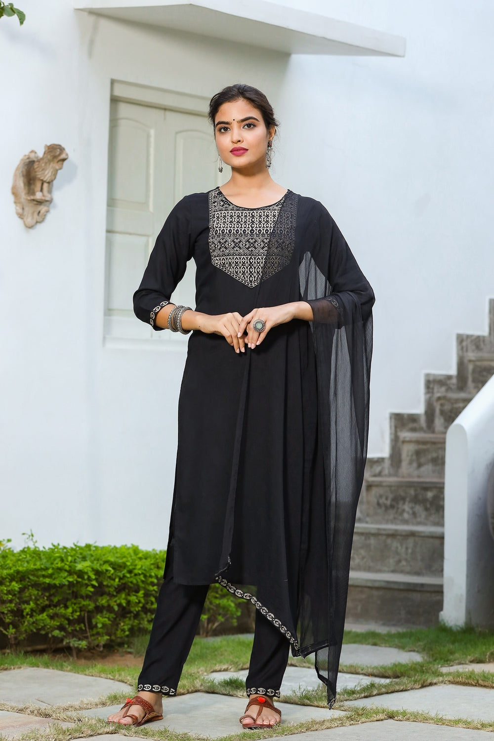 Black Solid Dupatta Set-Yufta Store-2202SKDBKS