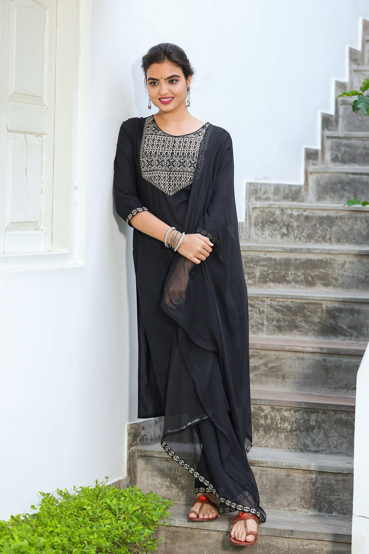 Black Solid Dupatta Set-Yufta Store-2202SKDBKS