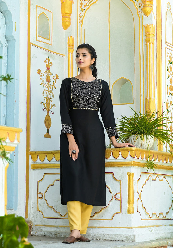 Black Solid Embroidered Kurta Set-Yufta Store-2025SETBKM