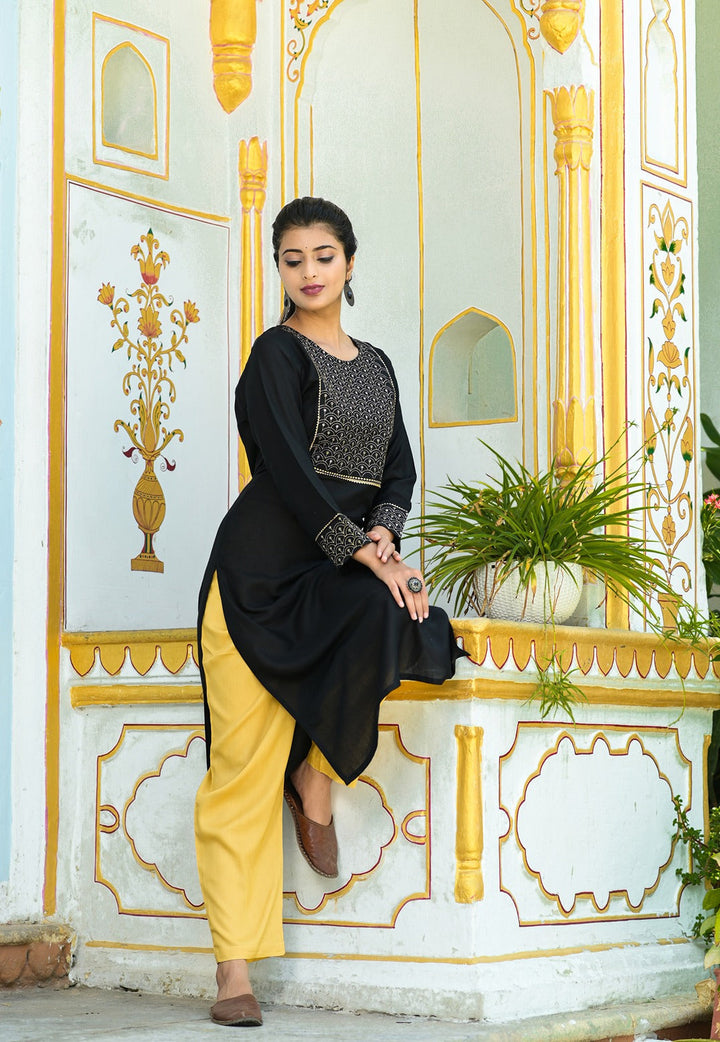 Black Solid Embroidered Kurta Set-Yufta Store-2025SETBKM