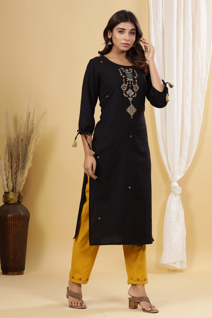 Black Solid Embroidered Kurta Set-Yufta Store-7741SETBKS