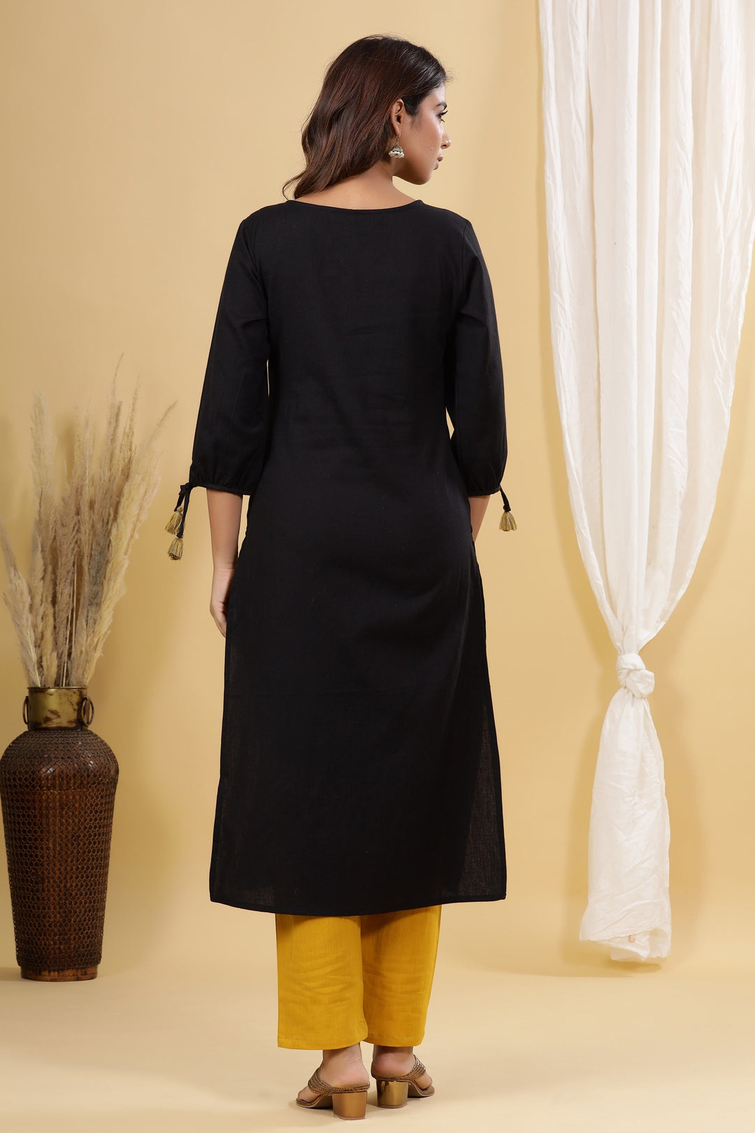 Black Solid Embroidered Kurta Set-Yufta Store-7741SETBKS