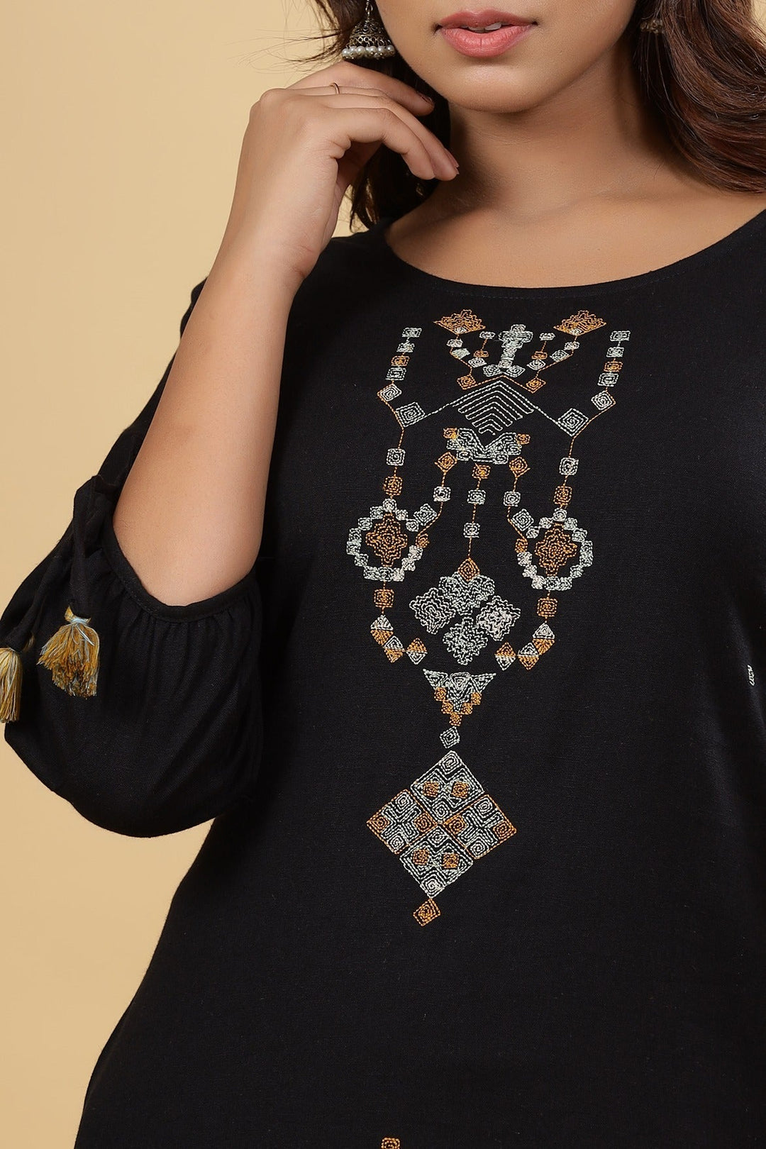 Black Solid Embroidered Kurta Set-Yufta Store-7741SETBKS