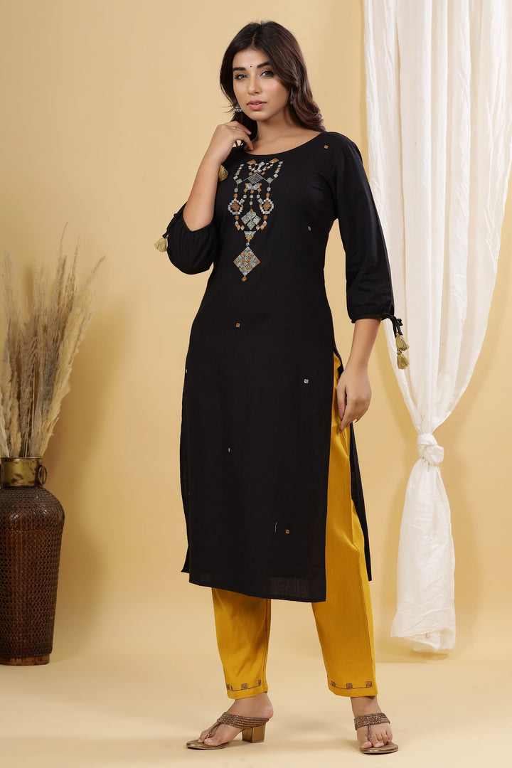 Black Solid Embroidered Kurta Set-Yufta Store-7741SETBKS