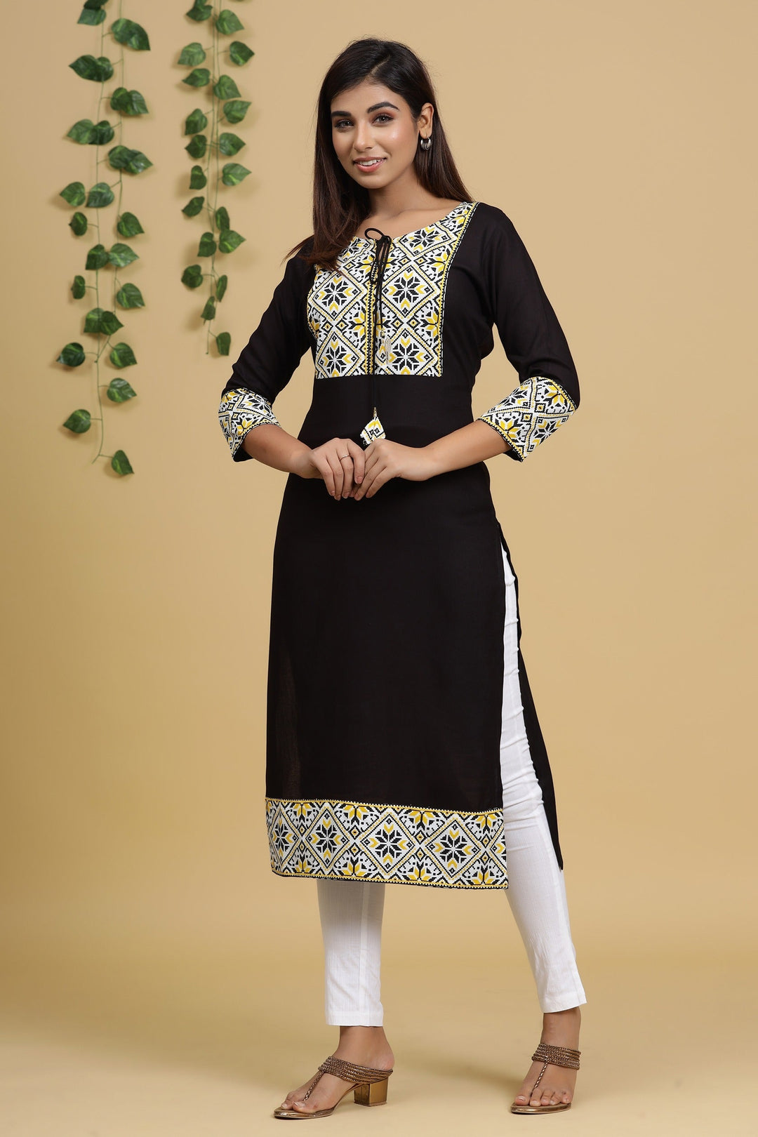 Black Solid Printed Kurta-Yufta Store-8039KURBKS