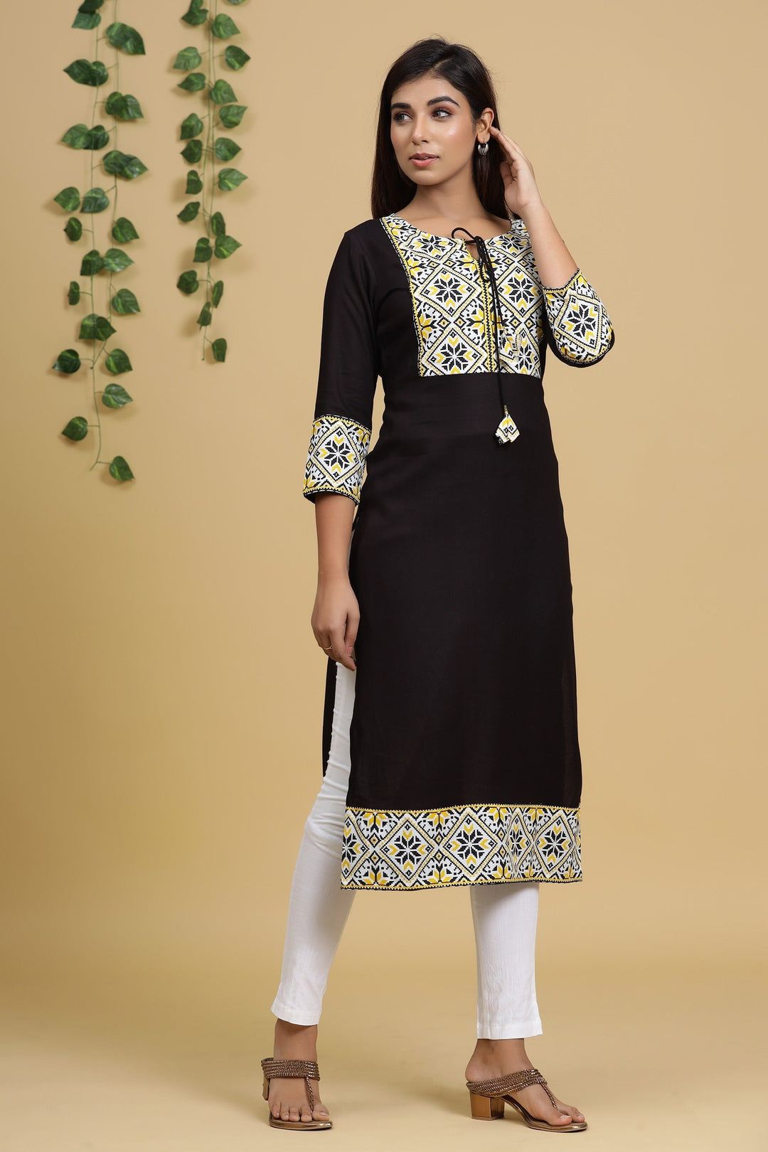 Black Solid Printed Kurta-Yufta Store-8039KURBKS