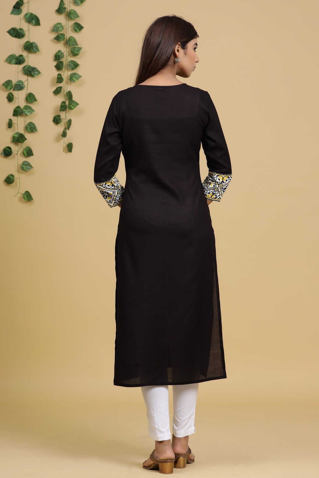 Black Solid Printed Kurta-Yufta Store-8039KURBKS