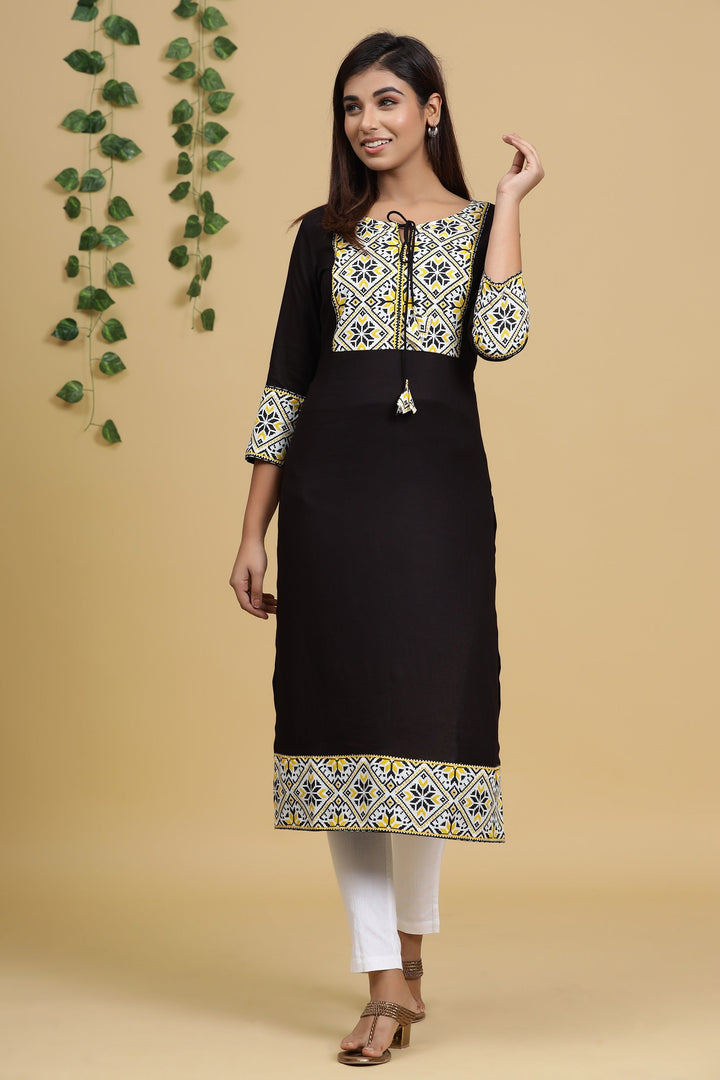 Black Solid Printed Kurta-Yufta Store-8039KURBKS