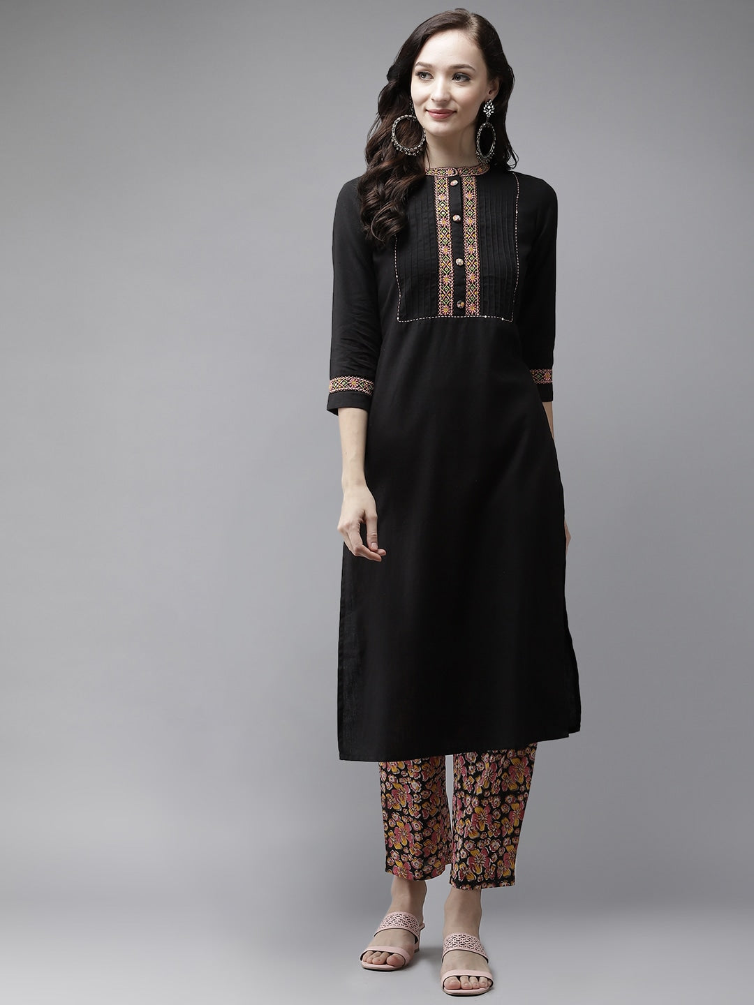 Black Solid Printed Pant Set-Yufta Store-9075SETBKS