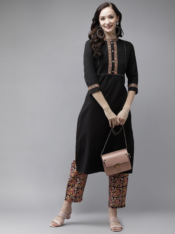 Black Solid Printed Pant Set-Yufta Store-9075SETBKS