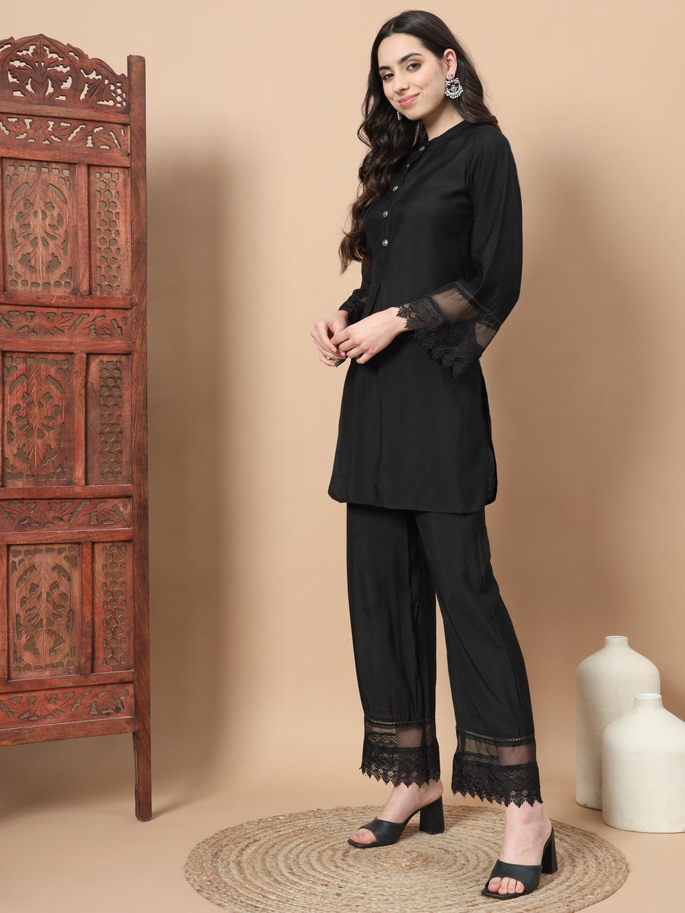 Black Solid Silk Co-Ord Set With Lace Work-Yufta Store-1743CRDBKS