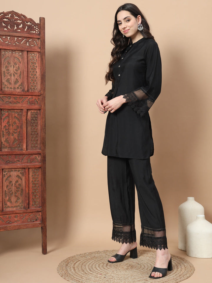 Black Solid Silk Front Button Co-Ord Set With Lace Detailing-Yufta Store-1743CRDBKS