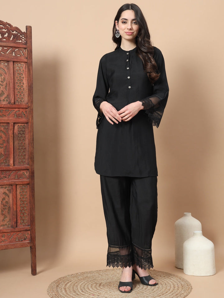 Black Solid Silk Front Button Co-Ord Set With Lace Detailing-Yufta Store-1743CRDBKS