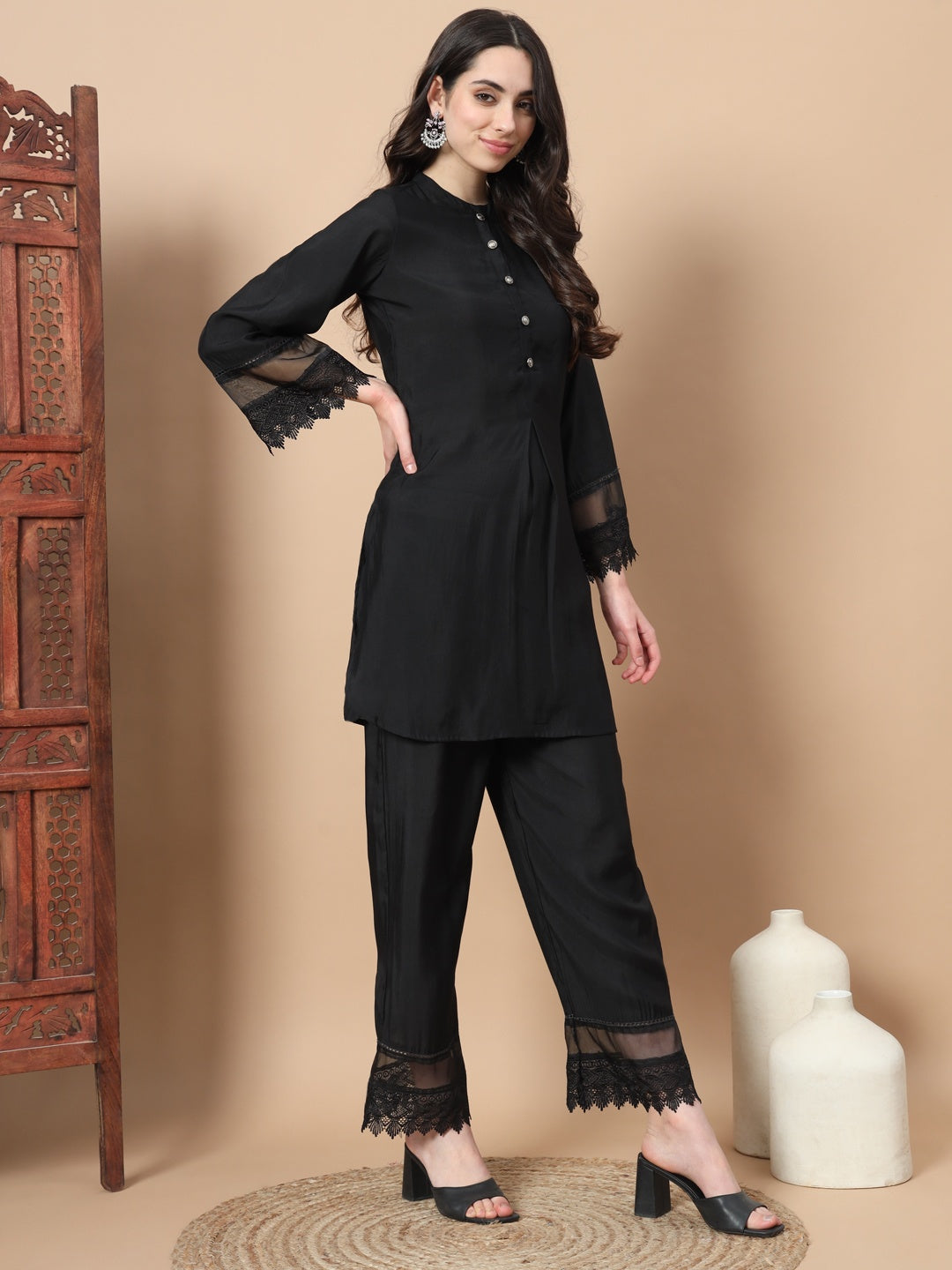 Black Solid Silk Front Button Co-Ord Set With Lace Detailing-Yufta Store-1743CRDBKS