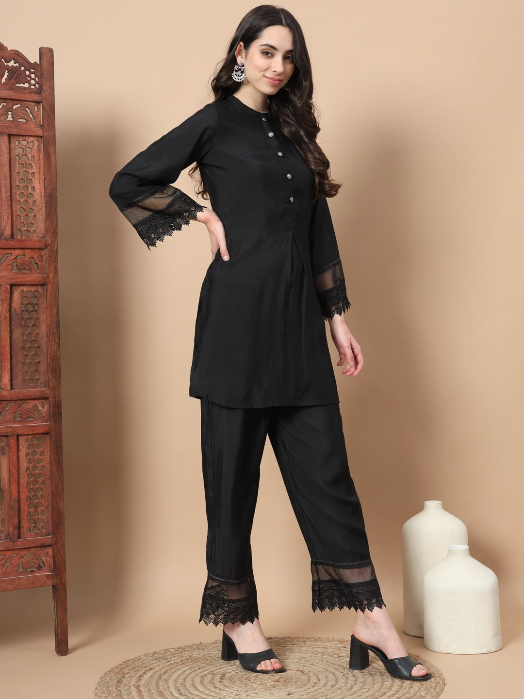 Black Solid Silk Co-Ord Set With Lace Work-Yufta Store-1743CRDBKS