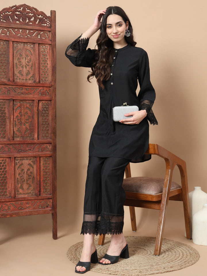 Black Solid Silk Front Button Co-Ord Set With Lace Detailing-Yufta Store-1743CRDBKS