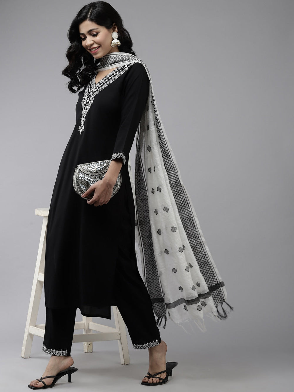 Black Solid Yoke Design Dupatta Set-Yufta Store-9574SKDBKS