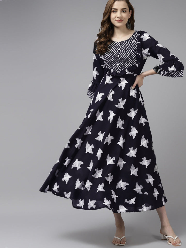 Black & White Bird Print Dress-Yufta Store-9333DRSBKS