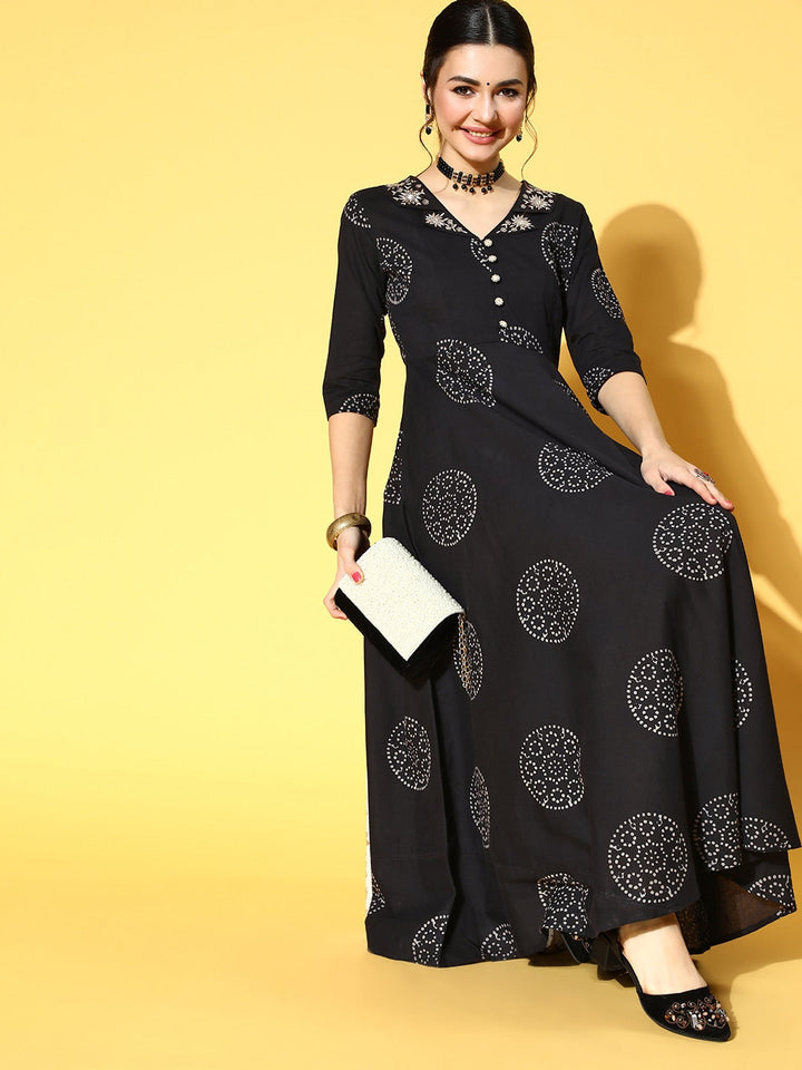 Black & White Ethnic Print Dress-Yufta Store-9530DRSBKS