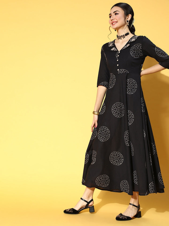 Black & White Ethnic Print Dress-Yufta Store-9530DRSBKS