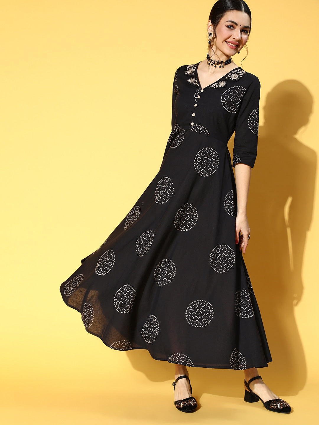 Black & White Ethnic Print Dress-Yufta Store-9530DRSBKS