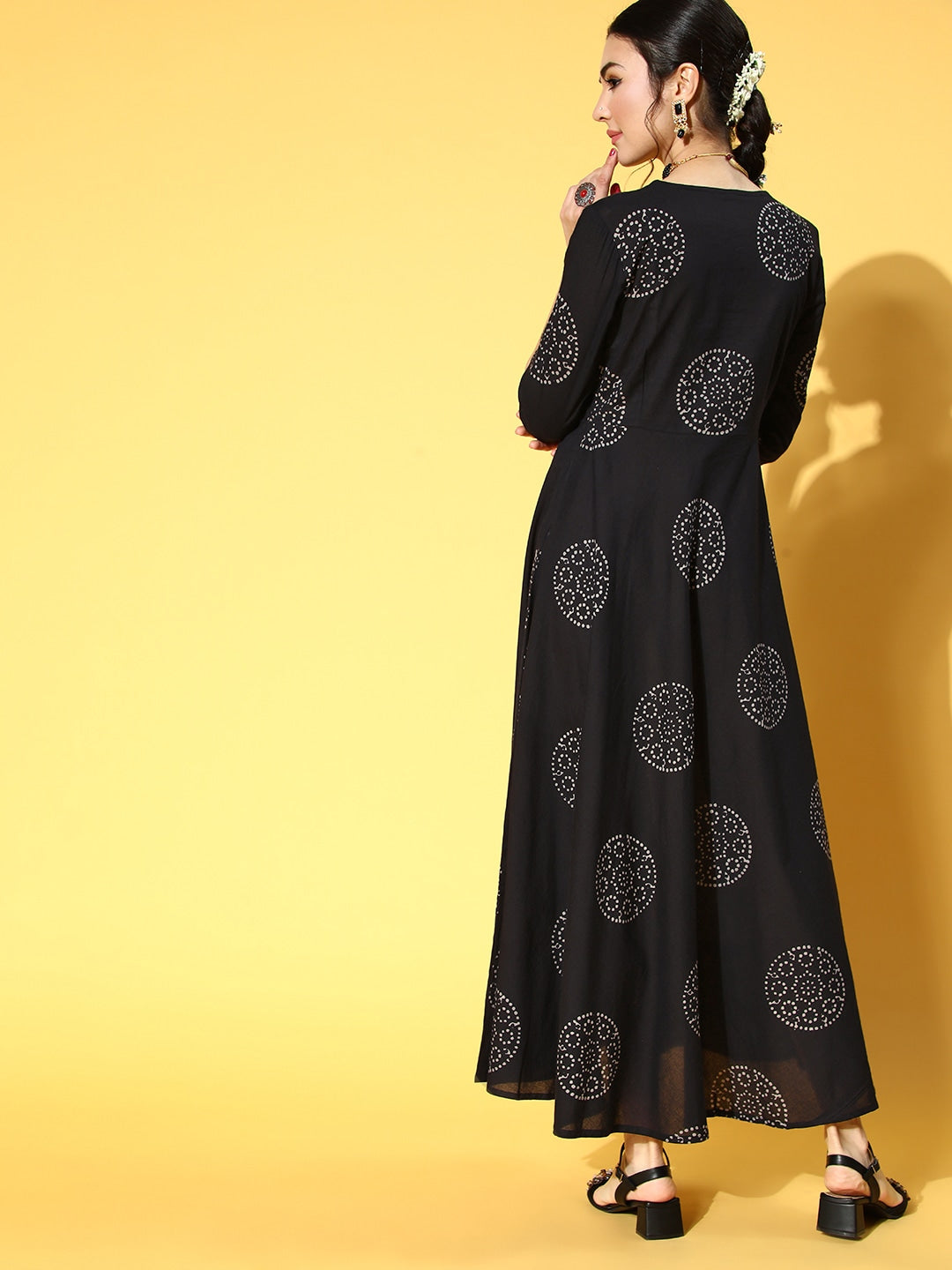 Black & White Ethnic Print Dress-Yufta Store-9530DRSBKS