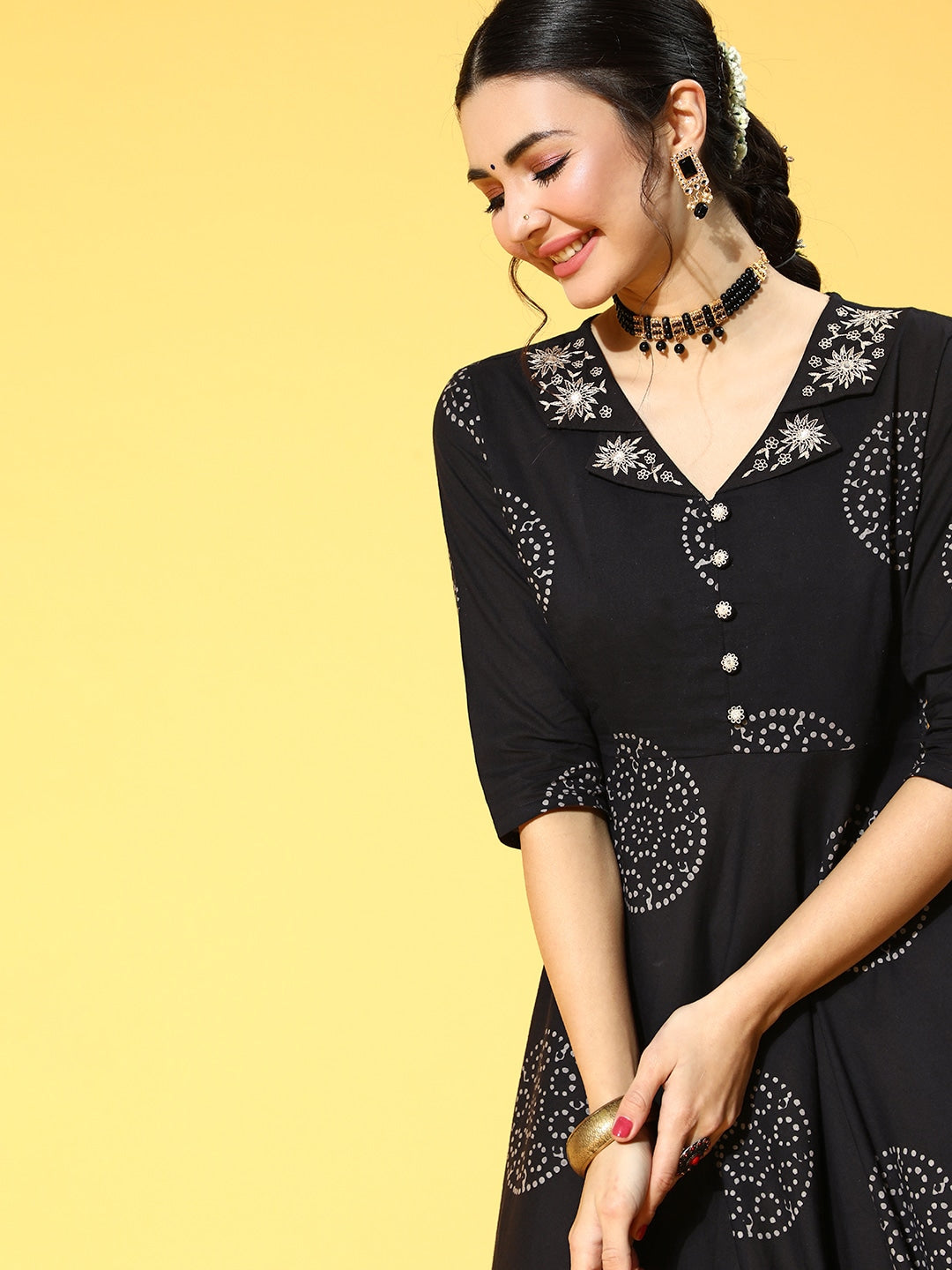 Black & White Ethnic Print Dress-Yufta Store-9530DRSBKS