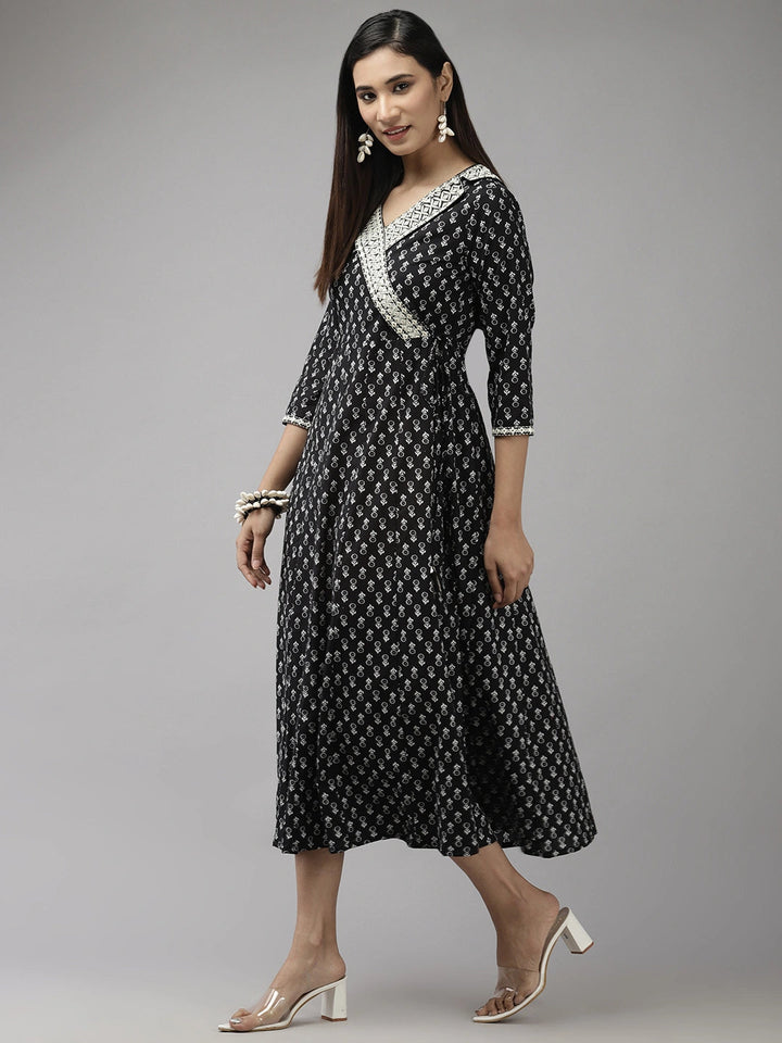 Black & White Floral Printed Dress-Yufta Store-9349DRSBKS