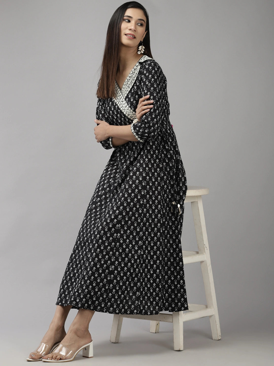 Black & White Floral Printed Dress-Yufta Store-9349DRSBKS