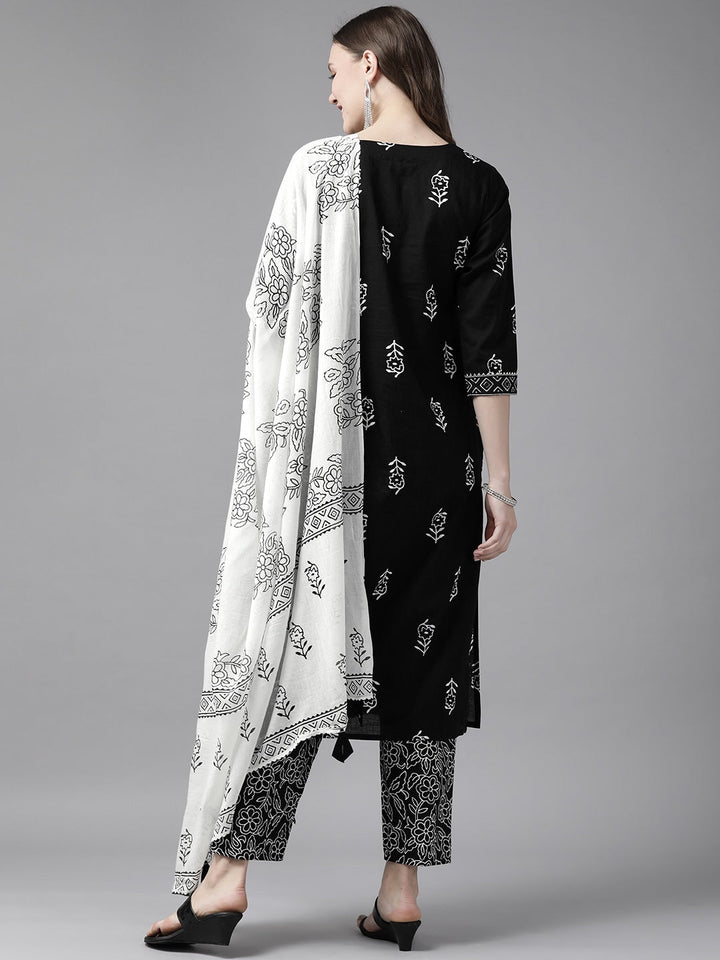 Black & White Printed Dupatta Set-Yufta Store-9398SKDBKS