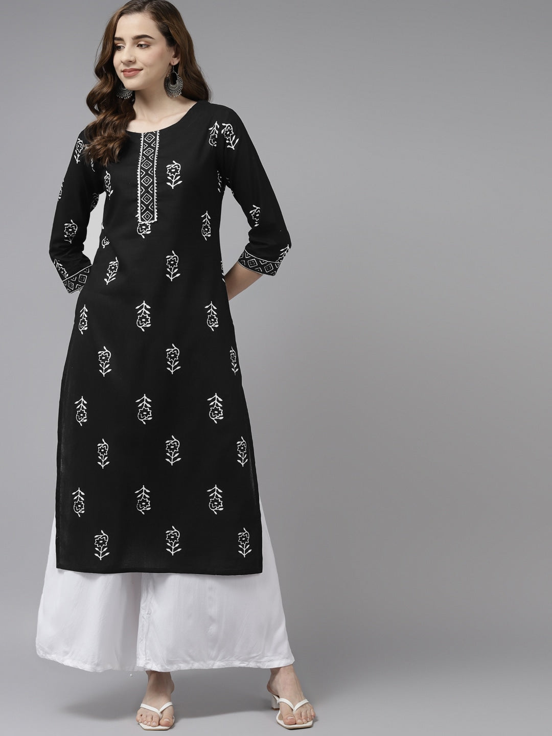 Black & White Printed Kurta-Yufta Store-9398KURBKS