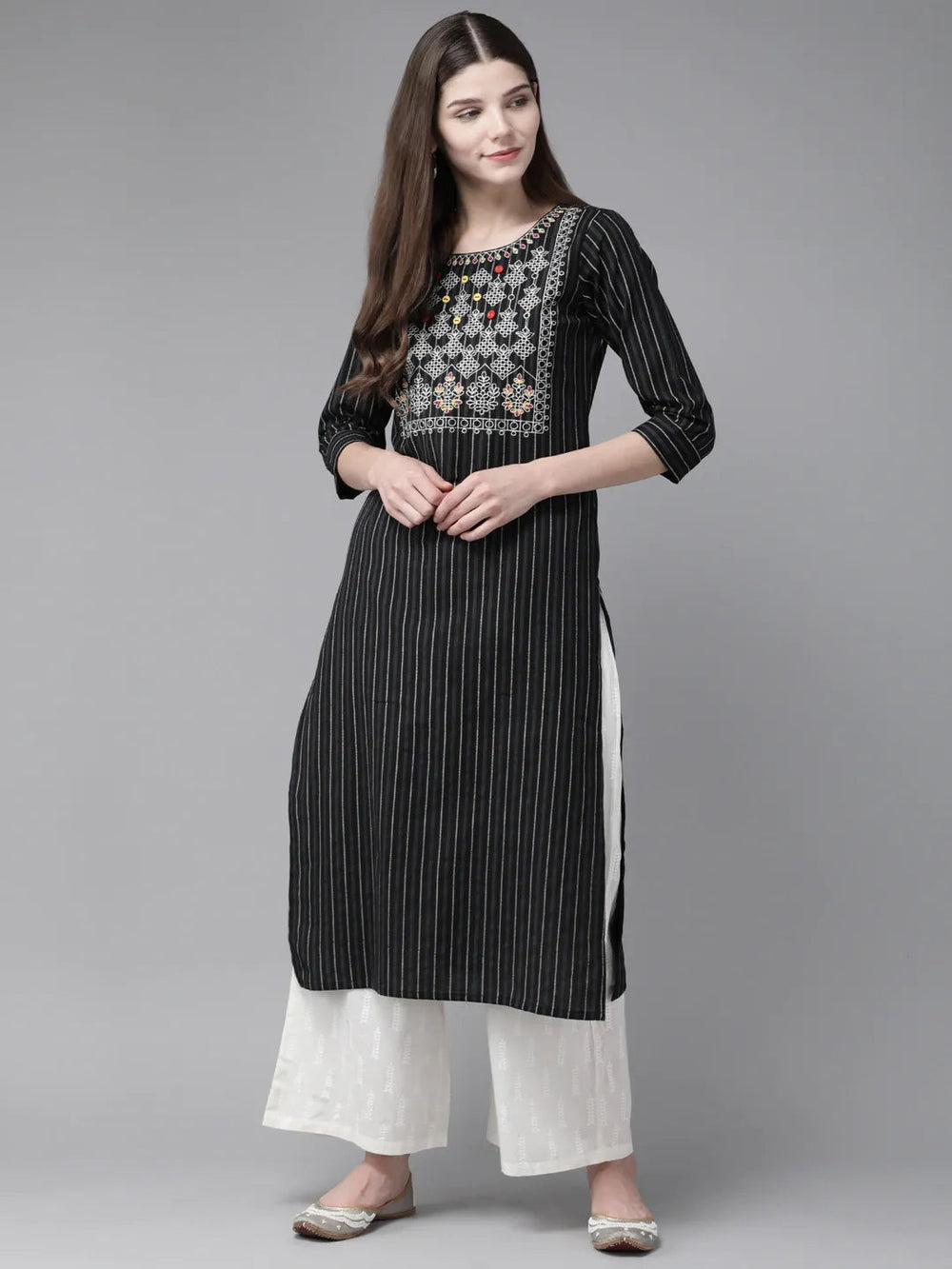 Black & White Striped Kurta-Yufta Store-7339KURBKS