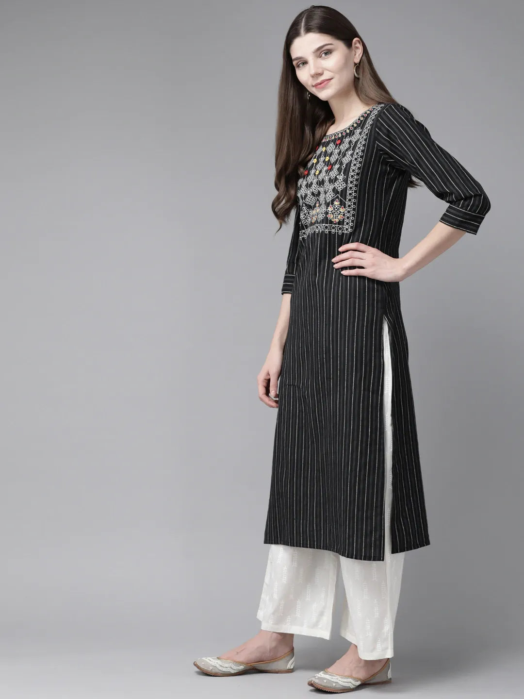 Black & White Striped Kurta-Yufta Store-7339KURBKS