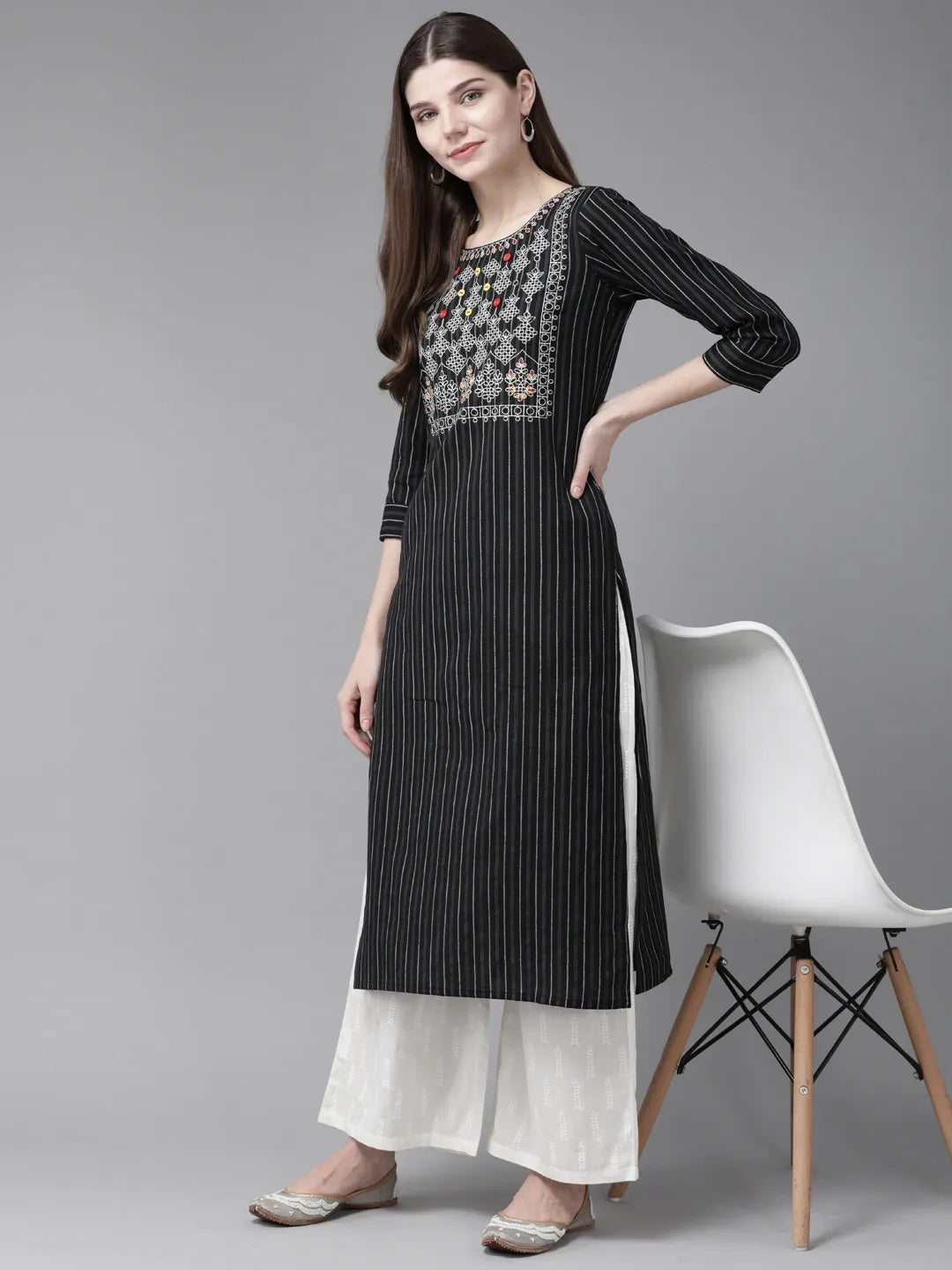 Black & White Striped Kurta-Yufta Store-7339KURBKS