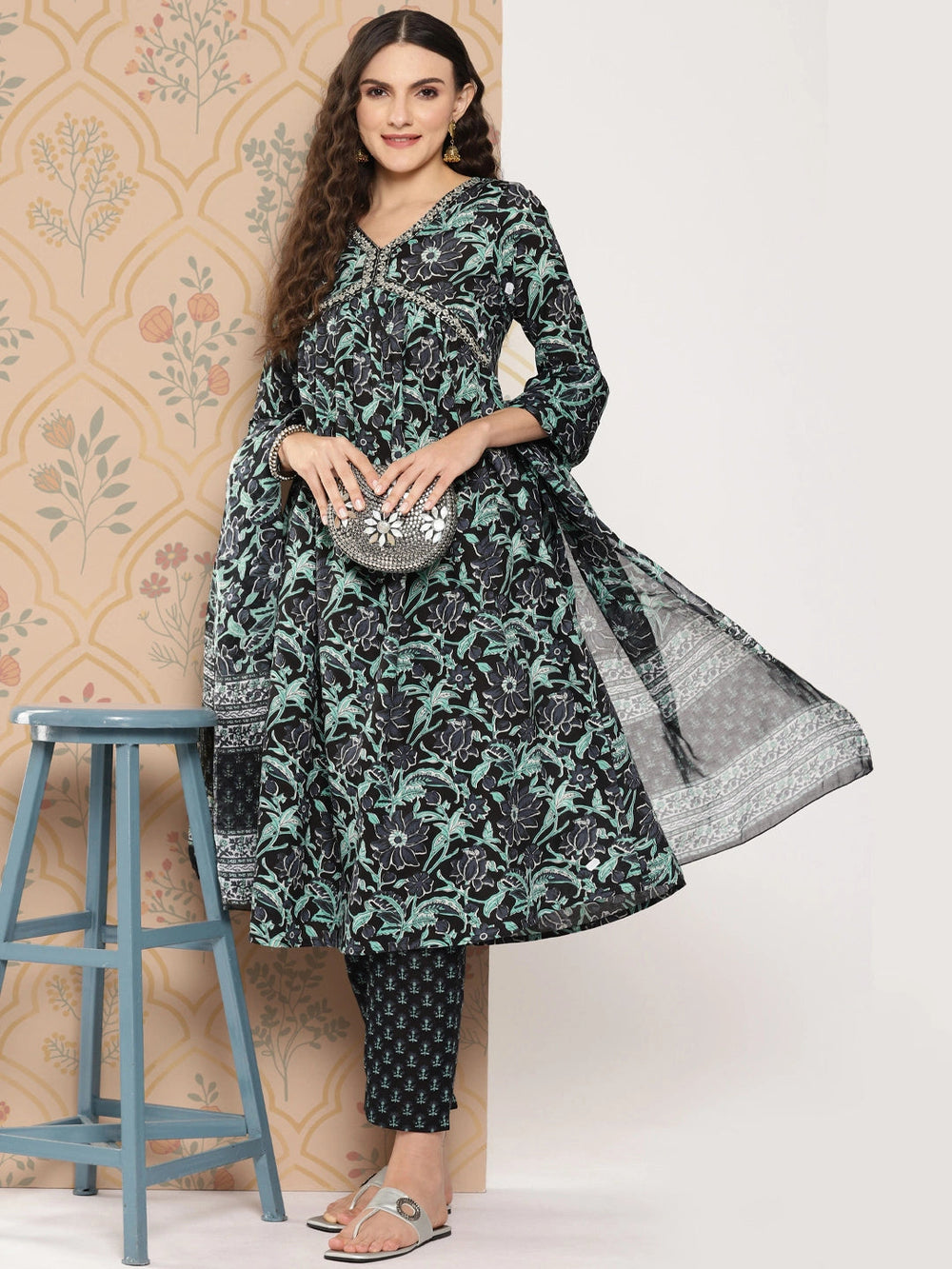 Black Women Floral Embroidered Regular Pure Cotton Kurta with Trousers & With Dupatta-Yufta Store-1252SKDBKS