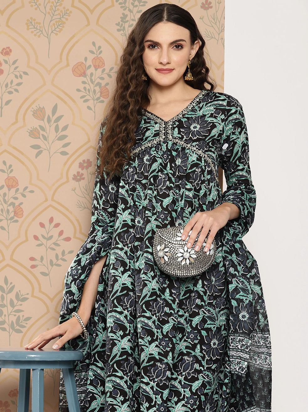 Black Women Floral Embroidered Regular Pure Cotton Kurta with Trousers & With Dupatta