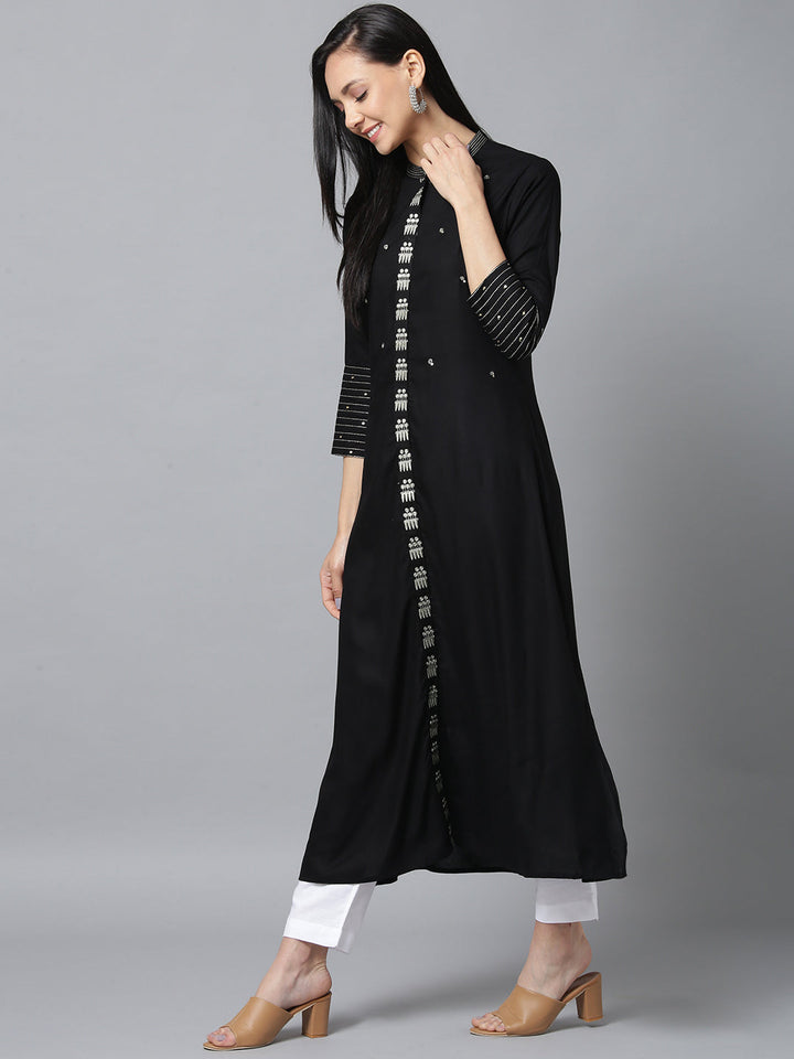 Black and Dullgold Solid Kurta-Yufta Store-7587KURBKS