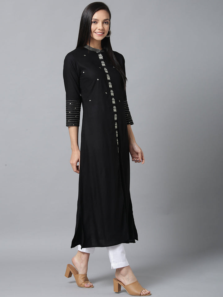 Black and Dullgold Solid Kurta-Yufta Store-7587KURBKS