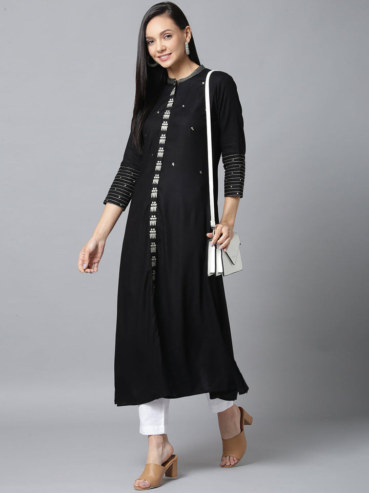 Black and Dullgold Solid Kurta-Yufta Store-7587KURBKS