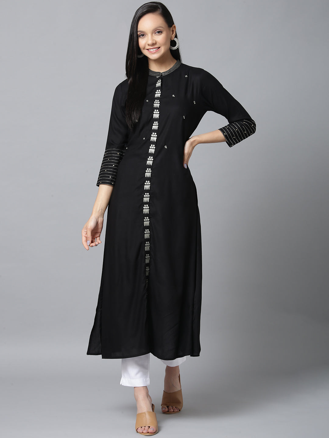 Black and Dullgold Solid Kurta-Yufta Store-7587KURBKS