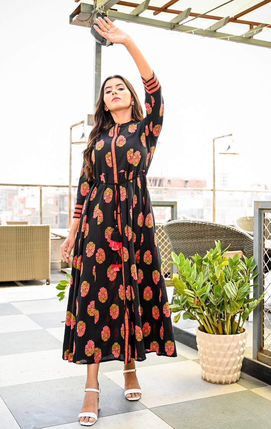 Black and Peach Printed Dress-Yufta Store-7602KURBKS